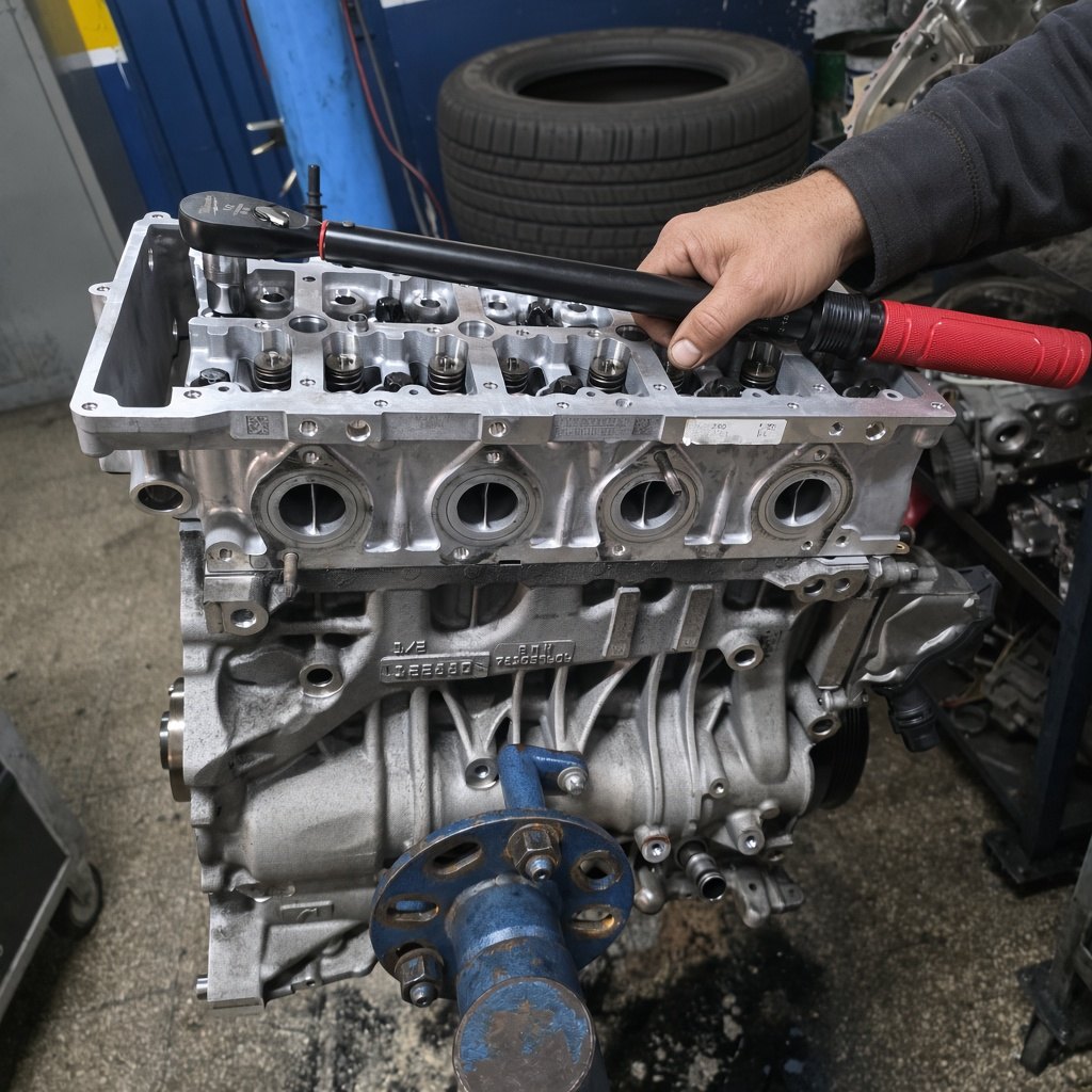 Motore in lavorazione con chiave dinamometrica in officina Orciari